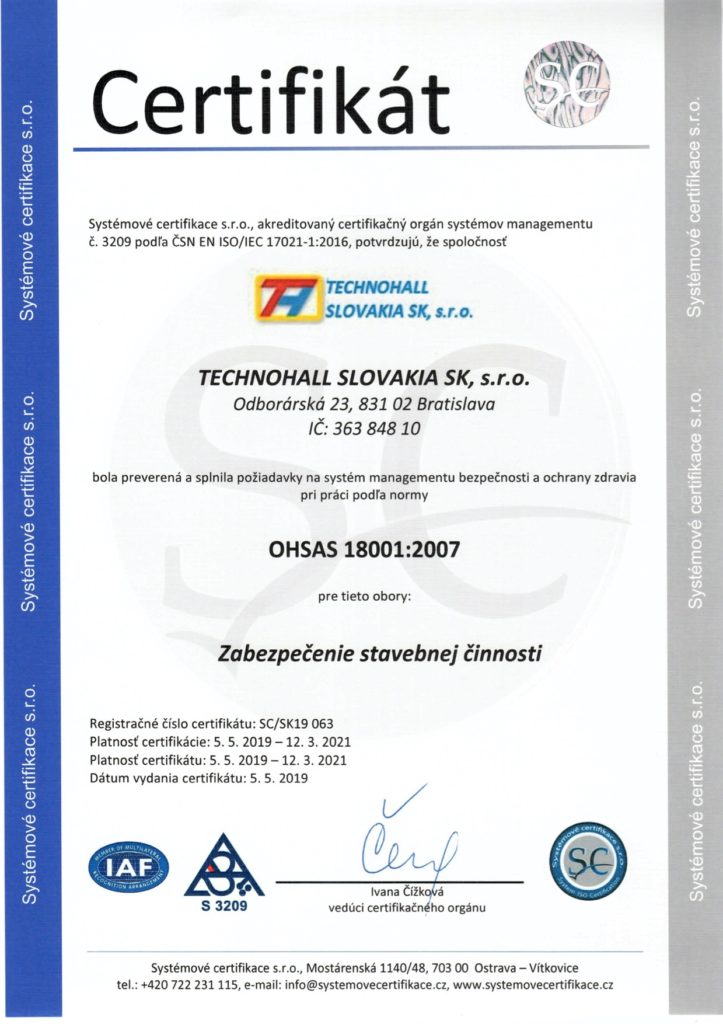 Certifikát OHSAS 18001-2007